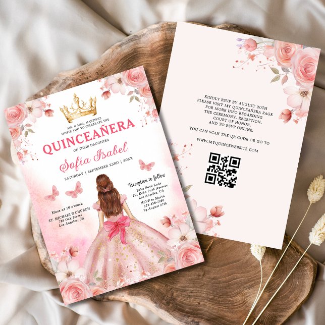 Convite Quinceañera Blush Pink Código QR Floral (Criador carregado)