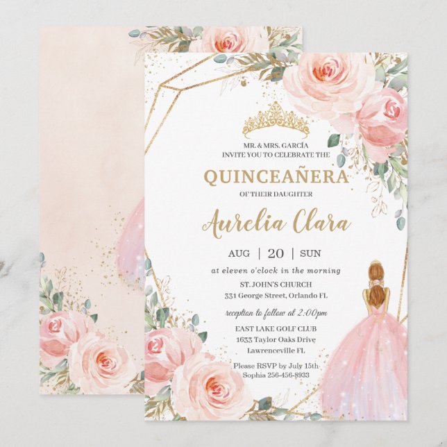 Convite Quinceañera Blush Pink Floral Mis Quince Anos (Frente/Verso)