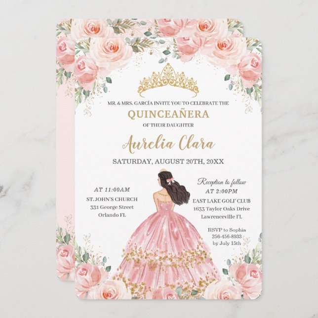 Convite Quinceañera Blush Pink Floral Princesa Aniversário (Frente/Verso)