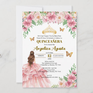 Convite Quinceañera Blush Pink Floral Princess Spanish