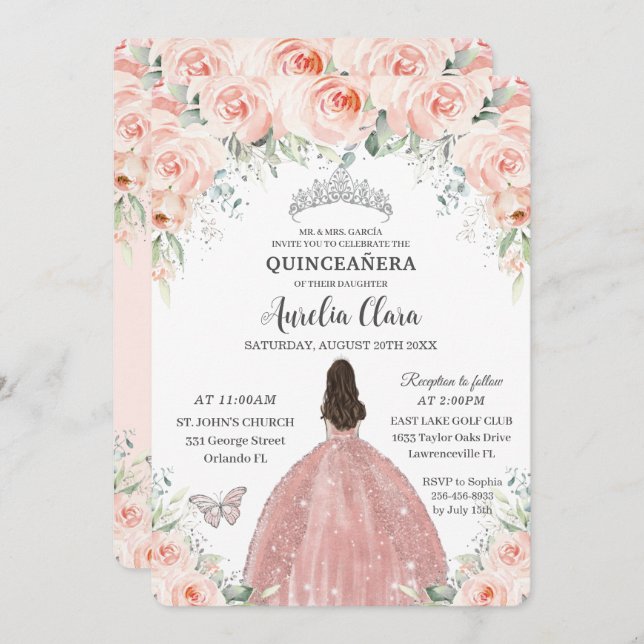 Convite Quinceañera Blush Pink Floral Rosa Princesa Prata (Frente/Verso)