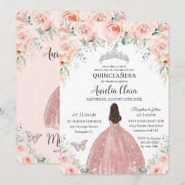 Convite Quinceañera Blush Pink Floral Rosa Princesa Prata