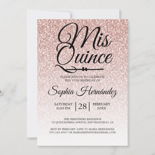 Convite Quinceañera Blush Pink Glitter 15 Aniversário (Frente)