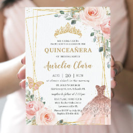 Convite Quinceañera Blush Pink Princesa Floral Rosa Gown T