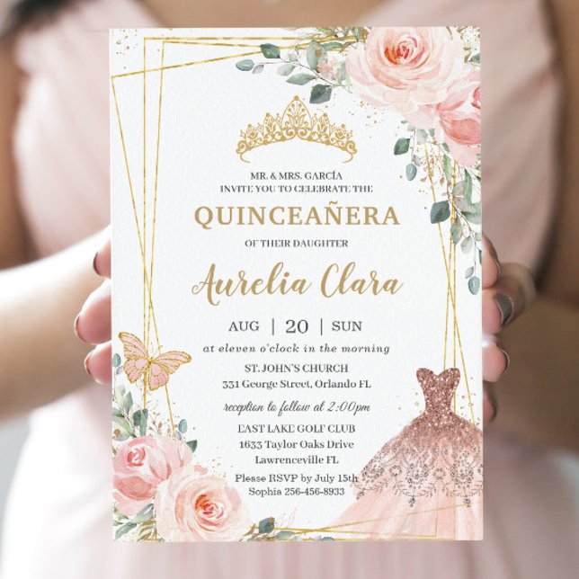 Convite Quinceañera Blush Pink Princesa Floral Rosa Gown T (Criador carregado)