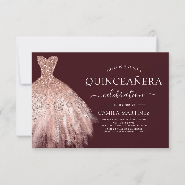 Convite Quinceanera Blush Pink - Rosa Dourado Burgundy (Frente)