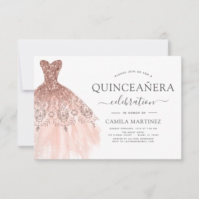 Convite Quinceanera Blush Pink - Rosa Dourado Glitter Spar (Frente)