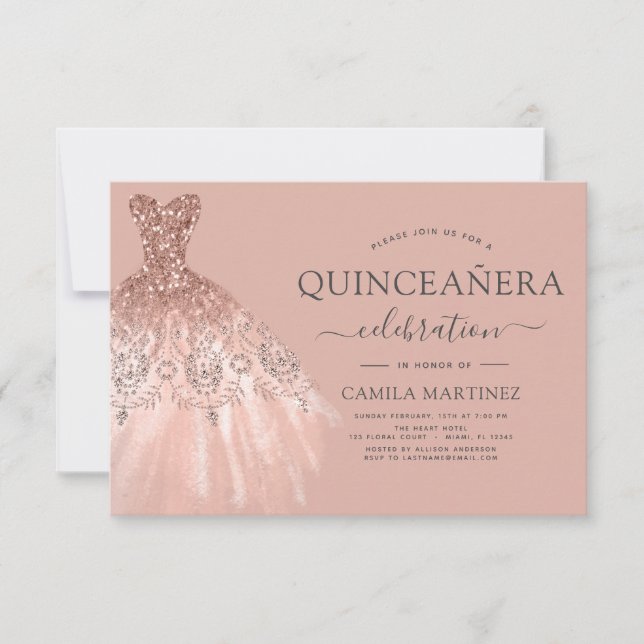 Convite Quinceanera Blush Pink - Rosa Dourado Glitter Spar (Frente)
