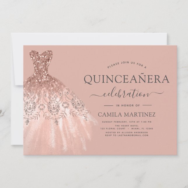 Convite Quinceanera Blush Pink - Rosa Dourado Glitter Spar (Frente)