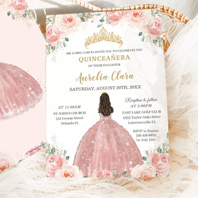 Convite Quinceañera Blush Pink Rosa Floral Dourada Princes (Criador carregado)