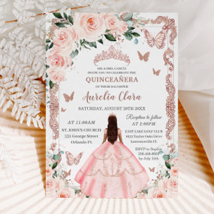 Convite Quinceañera Blush Pink Rosa Floral Dourada Princes