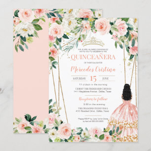 Convite Quinceanera Blush Pink Rose Dourada, garota de pal