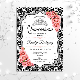 Convite Quinceanera - Blush preto branco - cor-de-rosa