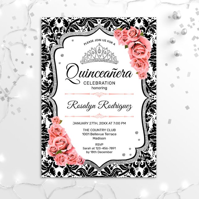 Convite Quinceanera - Blush preto branco - cor-de-rosa (Criador carregado)