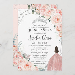 Convite Quinceañera Blush Princesa Floral Coroa