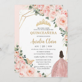 Convite Quinceañera Blush Princesa Floral Dourada Coroa