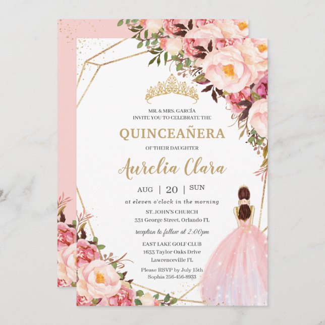 Convite Quinceañera Blush Rosa Dourada (Frente/Verso)