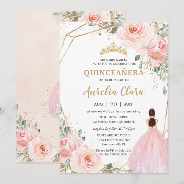 Convite Quinceañera Blush Rosa Mis Quince Anos Inv (Frente/Verso)