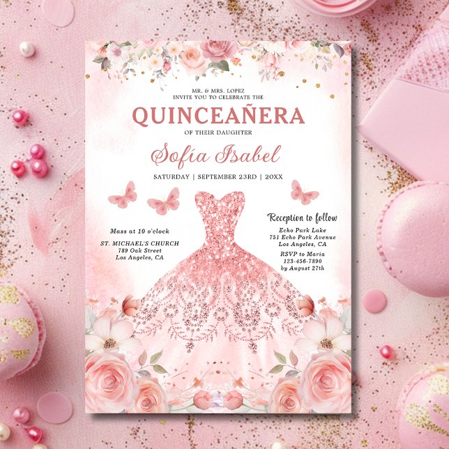 Convite Quinceañera Blush Rosa Rosa Floral Borboleta (Criador carregado)