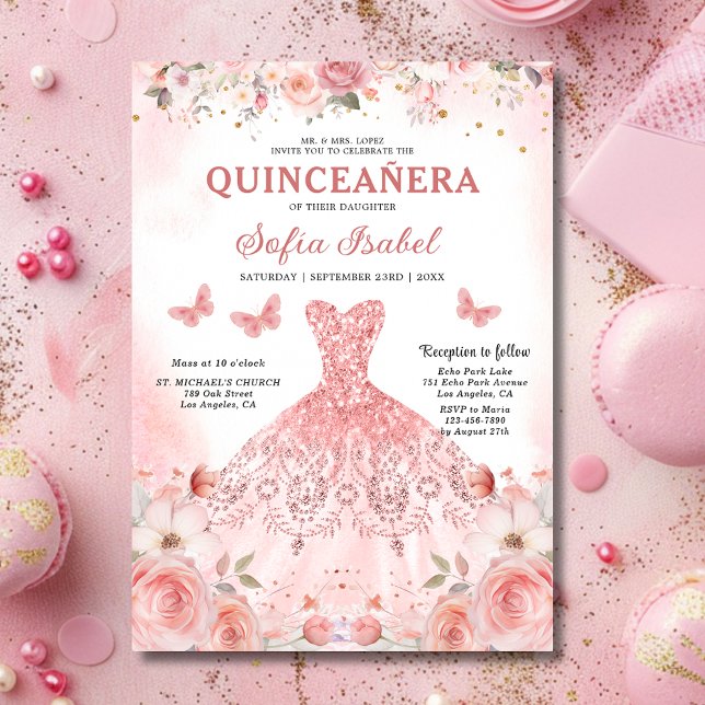 Convite Quinceañera Blush Rosa Rosa Floral Borboleta (Criador carregado)