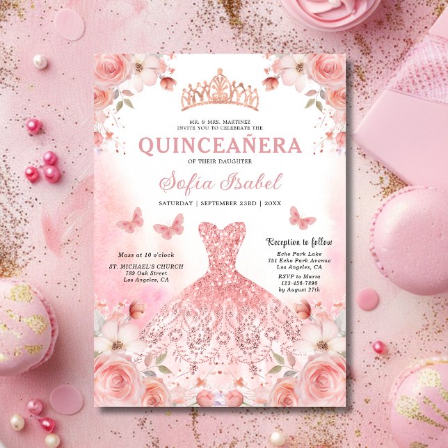 Convite Quinceañera Blush Rosa Rosa Floral Borboleta (Criador carregado)