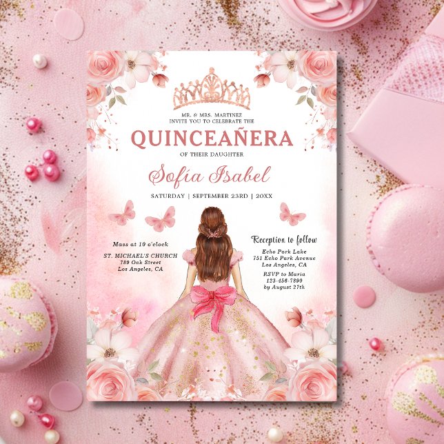 Convite Quinceañera Blush Rosa Rosa Floral Borboleta (Criador carregado)