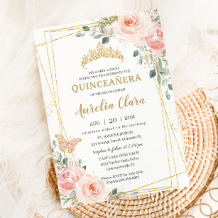 Convite Quinceañera Blush Rosa Rosa Rosa Floral Borboleta 