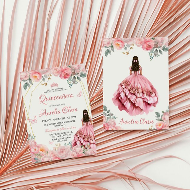 Convite Quinceañera Blush Rosa Rosa Rosa Floral Borboleta  (Criador carregado)