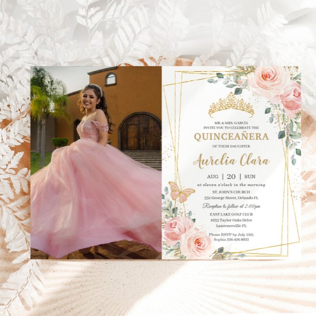 Convite Quinceañera Blush Rosa Rosa Rosa Floral Foto (Criador carregado)