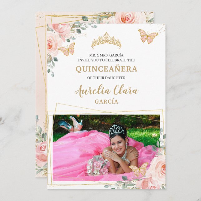 Convite Quinceañera Blush Rosa Rosa Rosa Floral Foto (Frente/Verso)