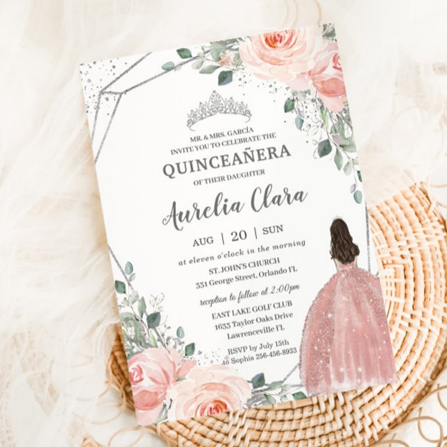 Convite Quinceañera Blush Rosa Rosa Rosa Floral Mis Quince (blush-floral-flowers-silver-princess-dress-quinceanera-15th-sweet-16-birthday-party-Invitation)