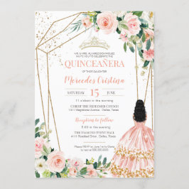 Convite Quinceanera Blush Rosas Rosa e Dourada, Moça