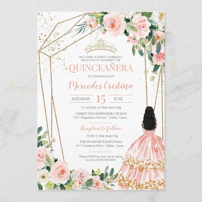 Convite Quinceanera Blush Rosas Rosa e Dourada, Moça (Frente)
