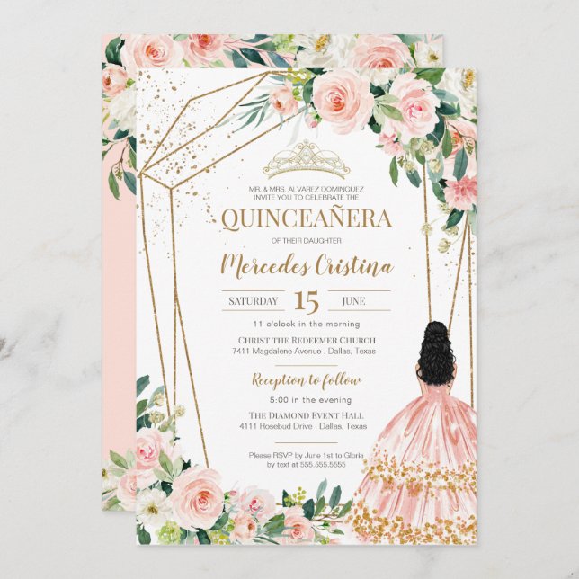Convite Quinceanera Blush Rosas Rosa e Dourada, Moça I (Frente/Verso)