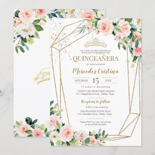 Convite Quinceanera Blush Rosas Rosa e Dourada Pérola Tia