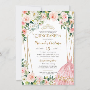 Convite Quinceanera Blush Rosas Rosa e Dourada Pérola Tia