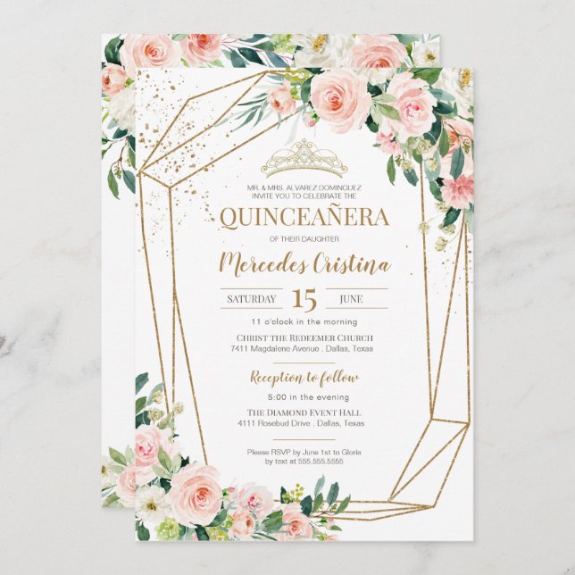 Convite Quinceanera Blush Rosas Rosa e Dourada Pérola Tiar (Frente/Verso)