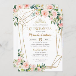 Convite Quinceanera Blush Rosas Rosa e Dourada Pérola Tiar