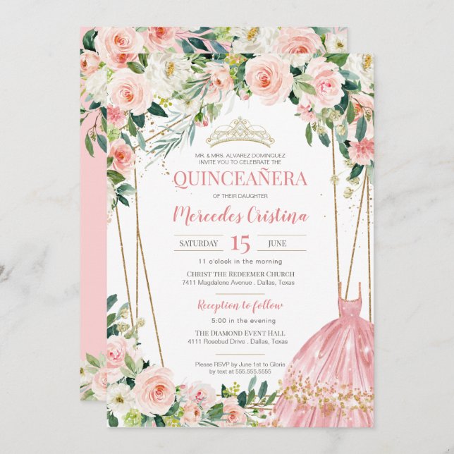 Convite Quinceanera Blush Rosas Rosa e Dourada Pérola Tiar (Frente/Verso)