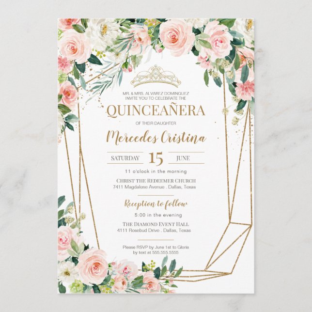 Convite Quinceanera Blush Rosas Rosa e Dourada Pérola Tiar (Frente)