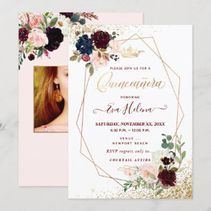 Convite Quinceañera, Blush Watercolor Flowers Princesa
