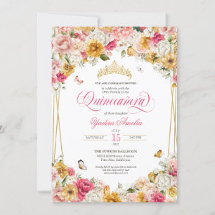 Convite Quinceanera Blush Yellow Elegant Floral Butefly Qu