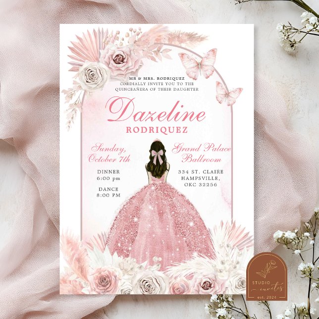 Convite Quinceanera Boho Chic Rosa (Criador carregado)