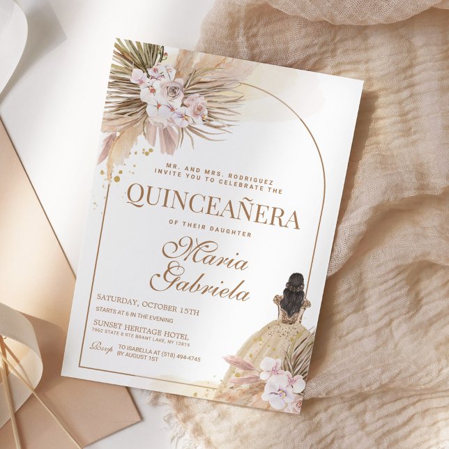 Convite Quinceanera Boho Pampas Floral Mis Quince Anos (Criador carregado)