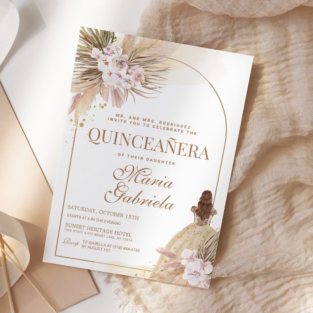 Convite Quinceanera Boho Pampas Floral Mis Quince Anos (Criador carregado)