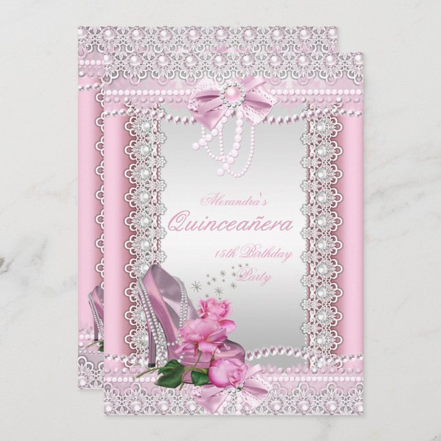 Convite Quinceanera Bonito Rosa Branca Rosa Alta Altura (Frente/Verso)