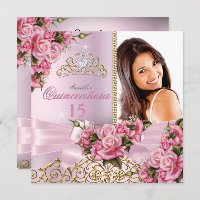 Convite Quinceanera Bonito Rosas Rosa Tiara Foto Aniversár (Frente/Verso)