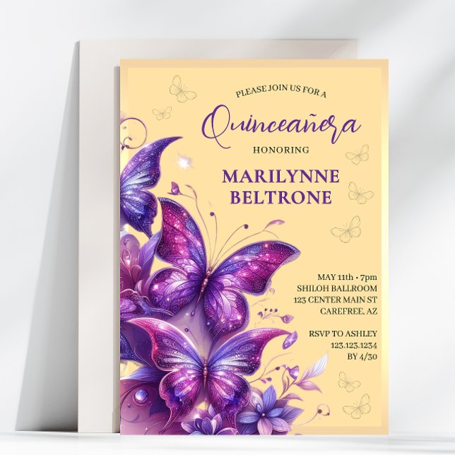 Convite Quinceañera Borboleta Amarela Roxo Dourado (Criador carregado)