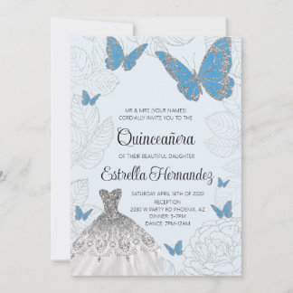 Convite Quinceanera, Borboleta Azul e Prateada