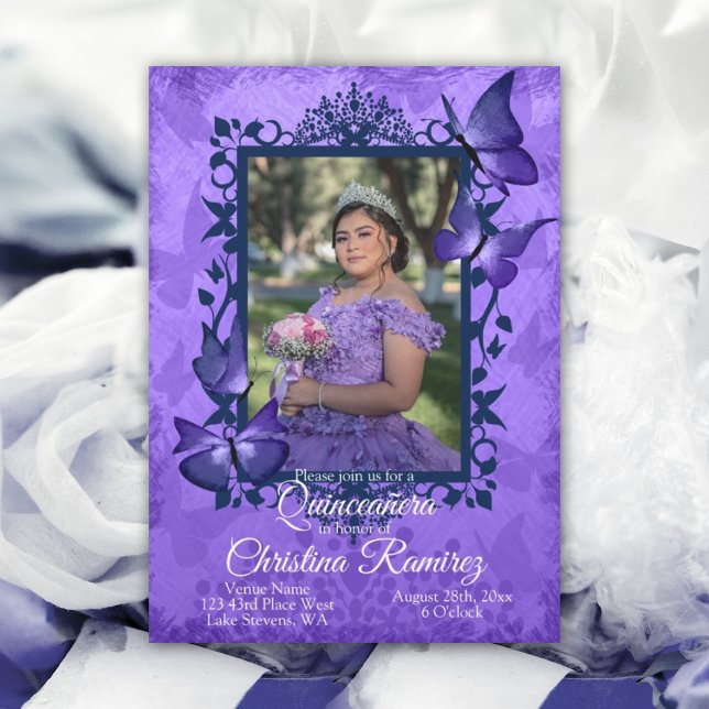 Convite Quinceanera, Borboleta Azul Roxa (purple navy blue quinceanera invitation butterflies decorative fancy frame border purple gown dress)